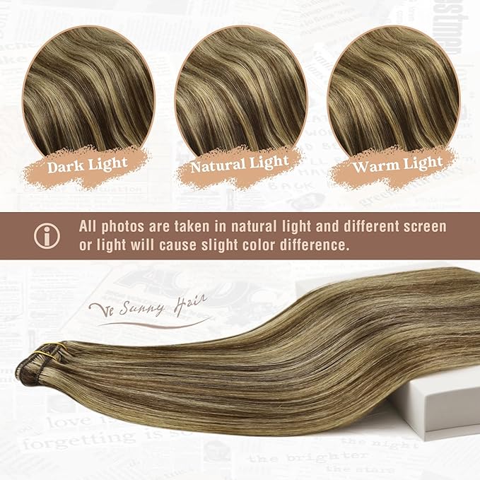 Ve Sunny Clip in Hair Extensions Real Human Hair Highlights Human Hair Clip in Extesnions Dark Brown Highlight Blonde Hair Extensions for Women Clip in 22Inch 7pcs 120g