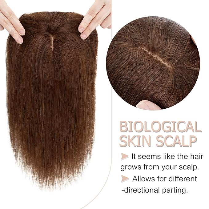 Hair Toppers for Women Real Human Hair With Bangs, 13 * 15 cm Larger Silk Base 150% Density Clip In Topper Hairpieces, Wiglet Top Pieces Add Volume -14 Inch 04 Medium Brown