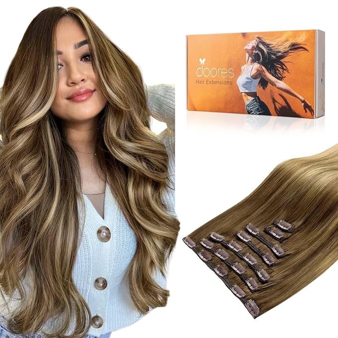 DOORES Clip in Hair Extensions, Human Hair, Medium Brown Highlighted Dirty Blonde, 18 Inch 7pcs 120g, Remy Hair Extensions Straight Natural Real Hair