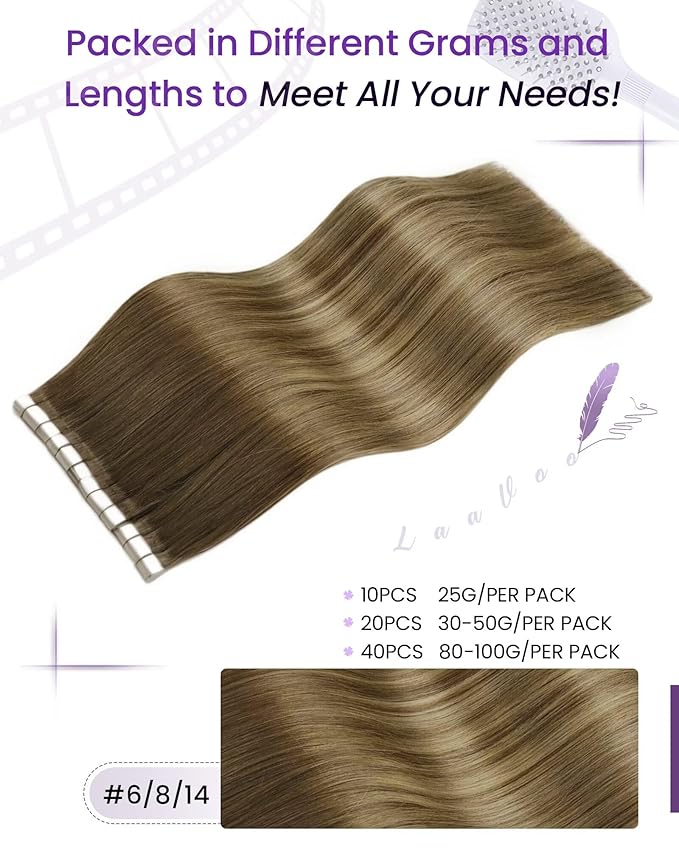 LaaVoo Hair Extensions Tape in Human Hair Balayage Tape in Hair Extensions Light Brown to Golden Brown Ombre 18 Inch 40pcs 100g