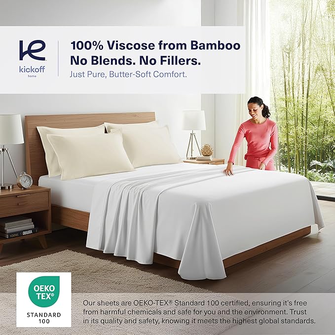 Kickoff Viscose Bamboo Pillowcase, King, Set of 2, 100% Organic Hidden Zippered Viscose Bamboo Pillow Case King Size, Cooling Pillow Cover for Hot Sleepers (20"x40", Buttercream)