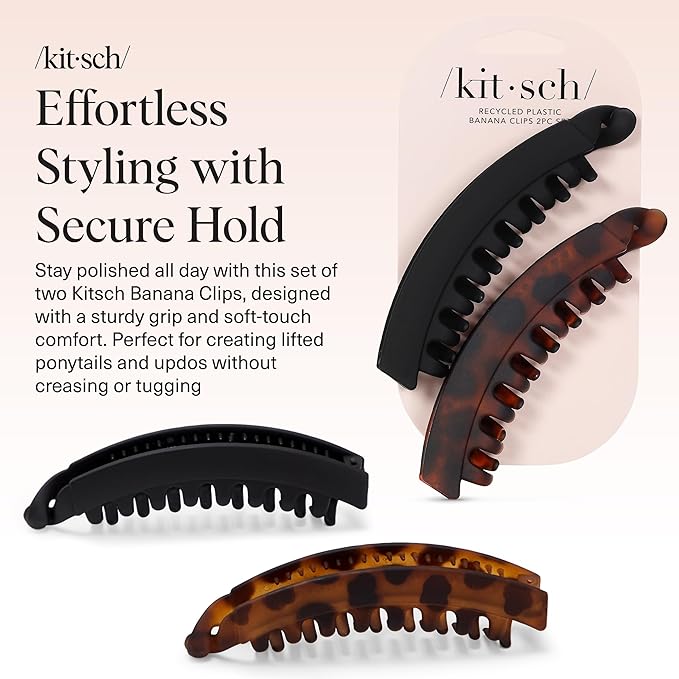 Kitsch Banana Clips For Women - Retro 80’s Style Hair Clips | Secure & Durable No Crease, Cute Claw Clips for Styling, Ponytails & Updos | Ideal Gifts for Women - Black & Tort Hair Accessories, 2pcs