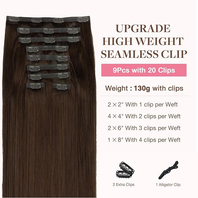 GOO GOO Clip in Hair Extensions Real Human Hair, Remy Human Hair Extensions Clip ins for Women, Natural Human Hair, 22inch 200g 9Pcs, #4A Chocolate Brown