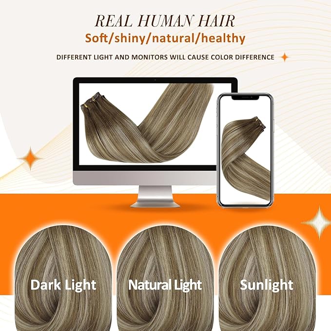 Full Shine Human Hair Clip in Extensions Balayage Straight Clip in Hair Extensions Chestnut Brown Ombre Brown Mix Platinum Blonde Real Human Hair 16 Inch 8 PCS 120 G