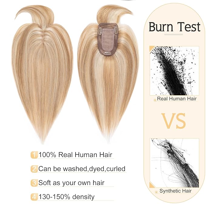 SEGO Hair Toppers for Women Real Human Hair With Bangs, 7 * 13CM Silk Base 100% Remy Human Hair Clip in Top Wiglet Hairpieces Add Volume -10 Inch Golden Brown&Bleach Blonde