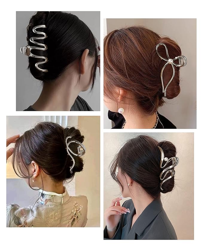 HAIMEIKANG 4 PCs Metal Hair Claw Clips - Irregular Large Clips for Women, Non-Slip Styling Accessories for Thick and Thin Hair (Silver)
