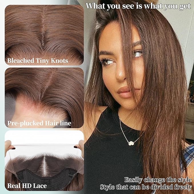 Chocolate Brown 13x4 Layered Hairstyle Synthetic Lace Front Wig Glueless Pre Plucked 26inch Dark Brown Long Straight Black Wig for Women Beginner Friendly