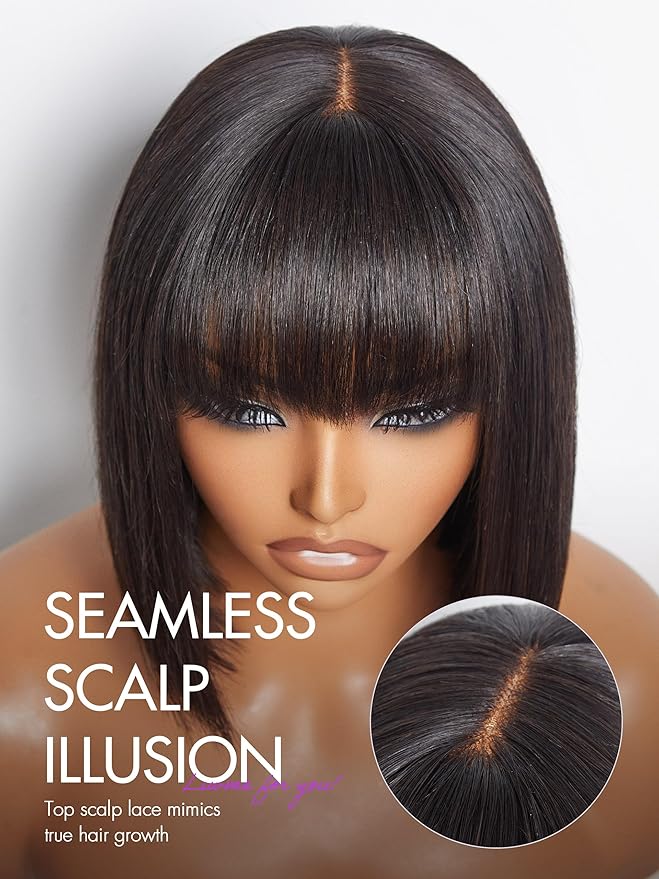 LUVME HAIR 10 Inch Silky Straight Bob Wig with Bangs Human Hair Realistic HD Lace Short Black Bob Wigs, Ready to Go Blunt Cut Bob Wig Glueless 180 Density