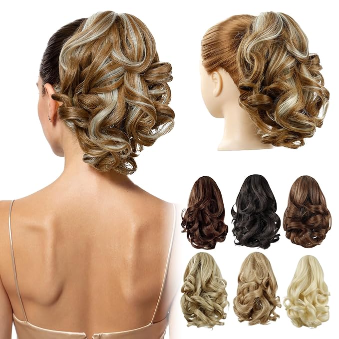 Blonde Ponytail Extensions,9" Short Curly Wavy Claw Clip in Ponytails Hair Extensions Natural Soft Synthetic Hairpiece for Women