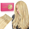 WENNALIFE Clip in Human Hair Extensions, 16 Inch 120g 7pcs Light Blonde Highlighted Golden Blonde Hair Extensions Clip In Human Hair Remy Clip in Real Human Hair Double Weft