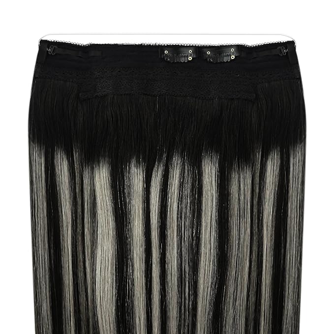 YoungSee Wire Hair Extensions Human Hair Black Balayage Human Hair Wire Extensions Black Ombre Silver Balayage Fish Line Extensions Long Straight Hair 20In 100G