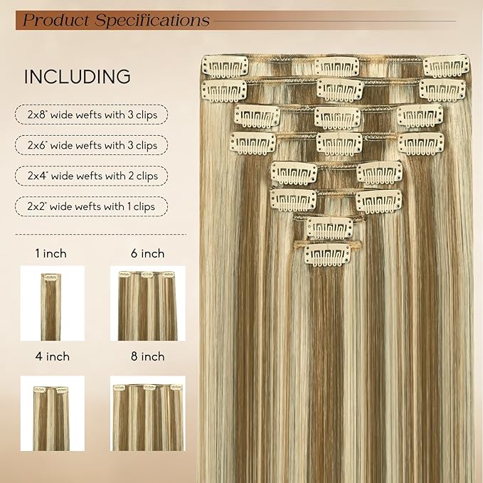 Clip in Hair Extensions Real Human Hair 24Inch 8pcs 120g Seamless Balayage Blonde Hair Extensions Clip Ins Double Weft Light Blonde Highlight Golden Blonde Invisible Straight Remy Human Hair for Women