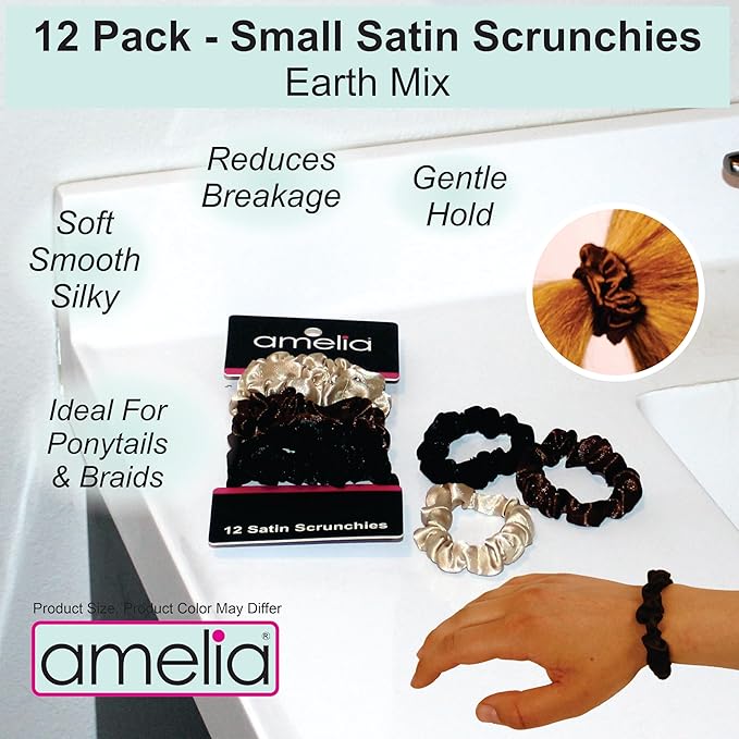 Amelia Beauty, Earth Tones Satin Small Scrunchies, 12-Pack – No Damage Hair Ties for Women, Gentle & Durable Hair Accessories, 2.5in x 0.5in