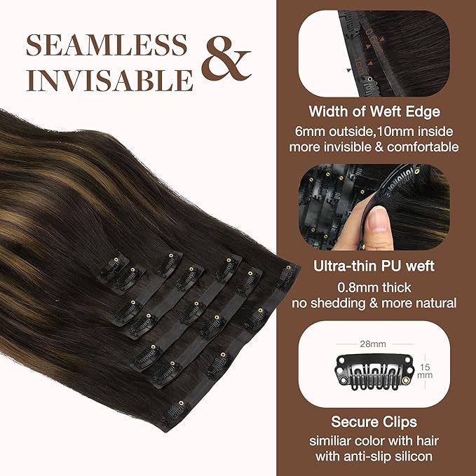 GOO GOO Clip in Hair Extensions Real Human Hair, Remy Human Hair Extensions Clip ins for Women, Natural Human Hair, 22inch 160g 7Pcs, #2/6/2 Balayage Dark Brown to Chestnut Brown