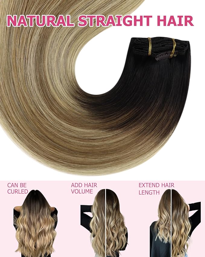 YoungSee 150g 24 inch Clip in Hair Extensions Real Human Hair Balayage Dark Brown Ombre Medium Brown with Blonde Human Hair Extensions Clip ins Balayage Clip on Hair Extensions for Women 7pcs