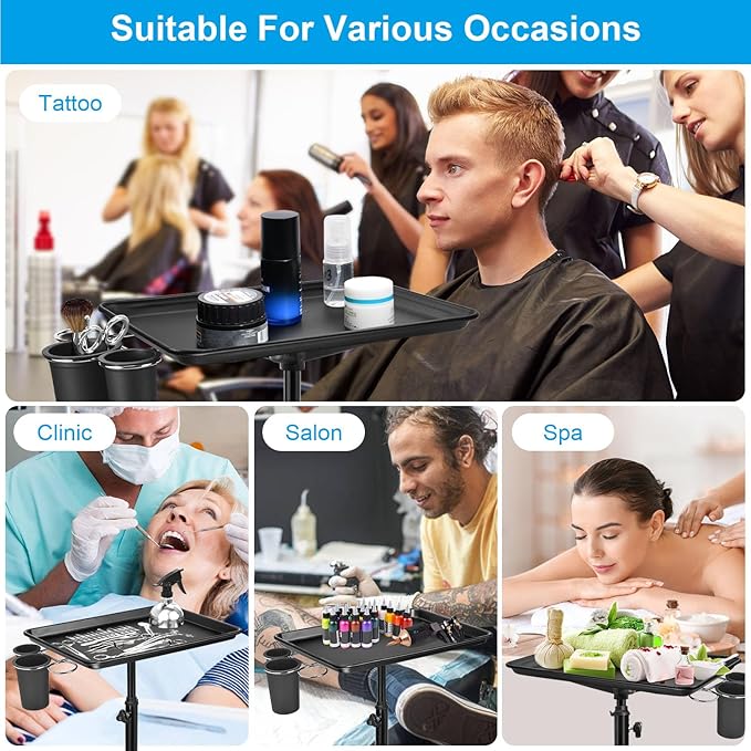 JOSTZHXIN Salon Rolling Tray, Tattoo Tray Rolling Cart, Height Adjustable Styling Tray, Service Storage Tray Trolley for Beauty Salon Clinic Spa,Black-with Cup Holder