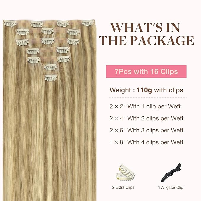 GOO GOO Clip in Hair Extensions Real Human Hair, Remy Human Hair Extensions Clip ins for Women, Natural Human Hair, 18inch 170g 9Pcs, #16/22 Light Blonde Highlighted Golden Blonde