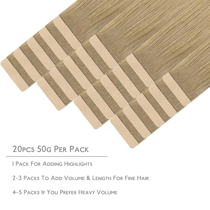 WENNALIFE Tape in Hair Extensions Human Hair, 20pcs 50g 18 inch Balayage Dirty Blonde to White Blonde Remy Hair Tape in Extensions Skin Weft