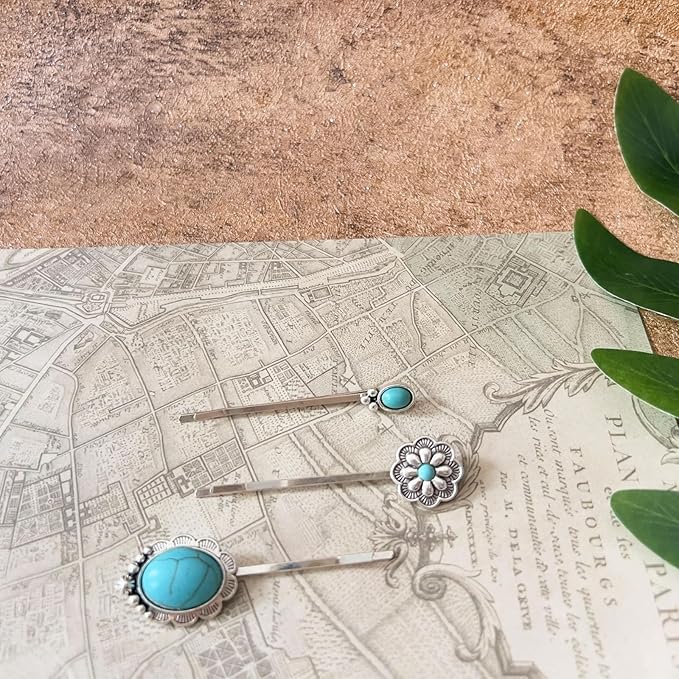 Women's Western Turquoise Hair Clips Set of 6 Decorative Bobby Pins Boho Hair Barrettes-(White，Green)
