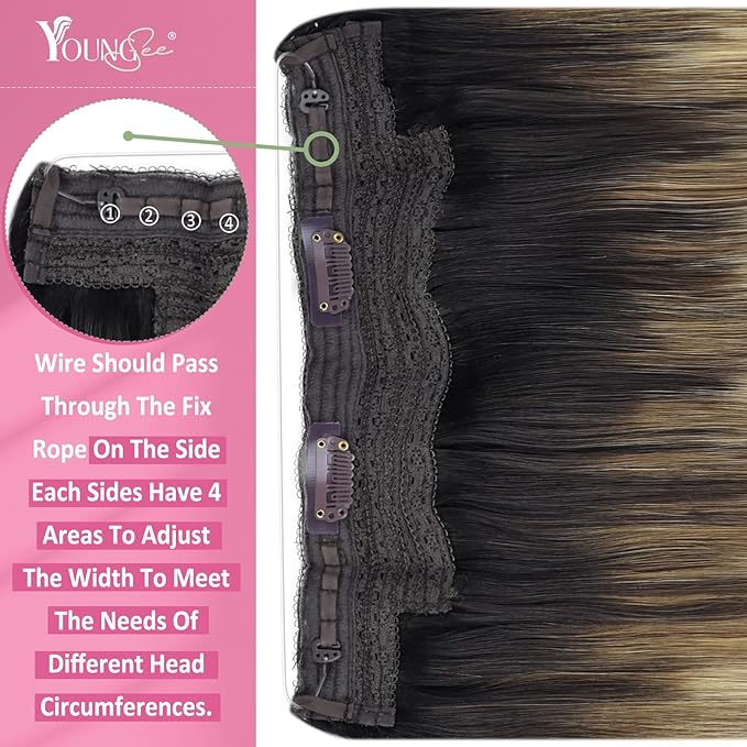 YoungSee Wire Hair Extensions Balayage Wire Hair Extensions Real Human Hair Ombre Fish Line Extensions Dark Brown Roots to Medium Brown with Blonde Dyable Remy Hair 14Inch 80G