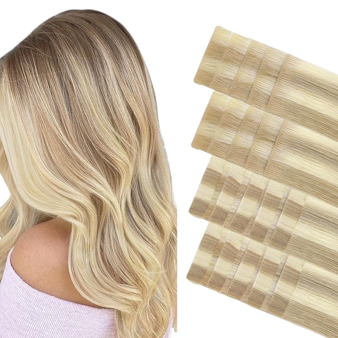 GOO GOO Invisi Edge Tape in Hair Extensions Human Hair, 18A/613A Dark Blonde Highlighted Bleach Blonde 10pcs injected with 10pcs classical tape ins, 10inch 30g, Virgin Remy Hair, Natural Look