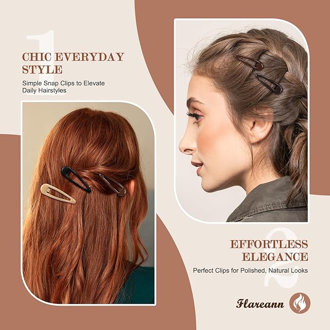 Neutral Shades Glossy Snap Hair Clips by FLAREANN – 50 PCS 2 Inch Non-Slip Metal Hair Barrettes for Women in Beige, Black, Brown, Light Brown & Grey – Minimalist Hair Accessories