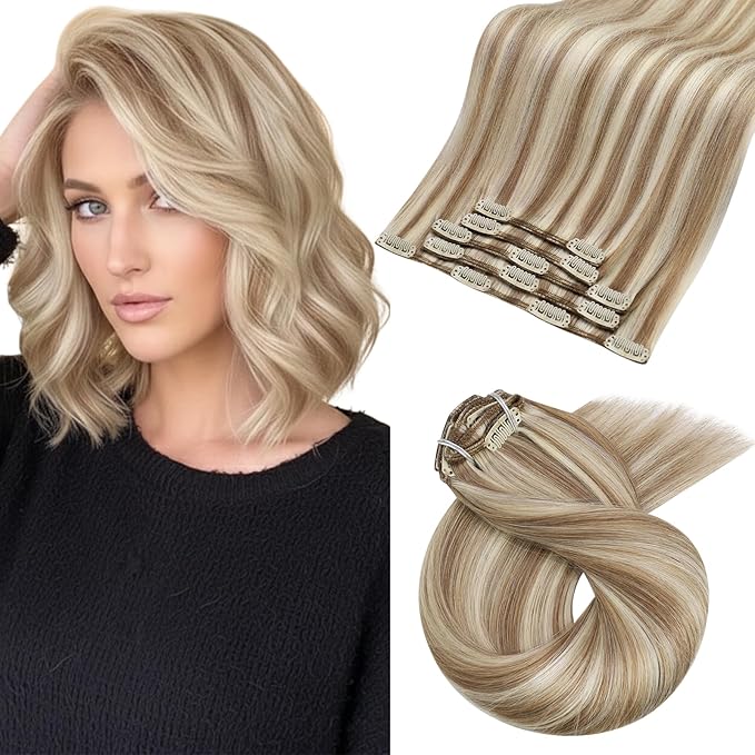Moresoo Human Hair Clip in Extensions Blonde Highlights Brown Real Human Hair Extensions Clip ins Platinum Blonde with Medium Golden Brown Short 14 inch for Women Double Weft 80g/5pcs