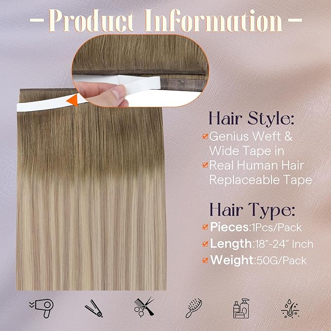 Full Shine Tape in Hair Extensions 18Inch Wire Adjustable Size Color 8 Ash Brown Ombre 60 Blonde And 18 Dark Ash Blonde Balayage Tape in Weft Hair Extensions Human Hair 50G One Piece Easy Application
