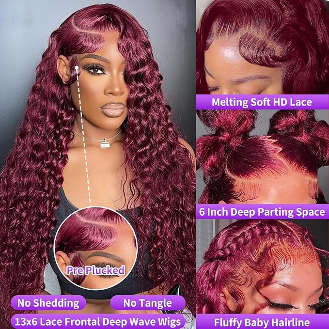 28 Inch 99J Burgundy Lace Front Wigs Human Hair Deep Wave 13x6 HD Lace Front Wigs Pre Plucked with Baby Hair Wet and Wavy Human Hair Wig 200% Density Deep Curly Frontal Wigs for Black Women