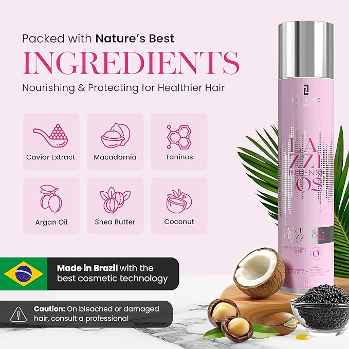 Lazzios Intense Organic Hair Protein – Brazilian Professional Straightening & Smoothing Treatment – Safe Formula with No Toxic Acids, Hyaluronic Acid, Keratin, Caviar & Argan Oil – 1 Liter