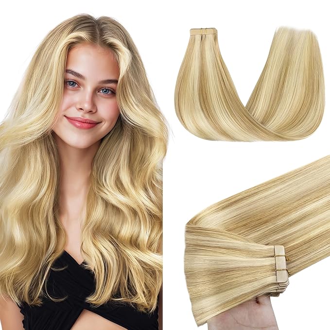 GOO GOO Tape in Hair Extensions Human Hair, 18D/22F Dirty Blonde Highlights, 26inch 60g 20pcs, Skin Weft Seamless Invisible, Silky Straight with Thick Ends, Remy Human Hair
