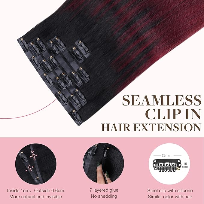 GOO GOO Clip in Hair Extensions Real Human Hair, Remy Human Hair Extensions Clip ins for Women, Natural Human Hair, 18inch 110g 7 Pcs, #1/99j Balayage Jet Black to Red Seamless Blend