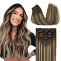 DOORES Clip in Human Hair Extensions, 5pcs 80g 20 Inch Balayage Chocolate Brown to Honey Blonde, Straight Long Hair Extensions Remy Human Hair Clip ins