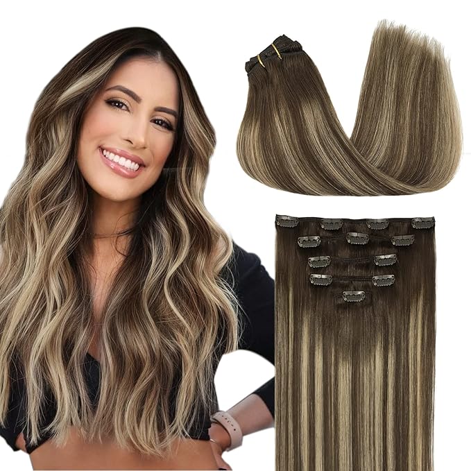 DOORES Clip in Human Hair Extensions, 5pcs 80g 20 Inch Balayage Chocolate Brown to Honey Blonde, Straight Long Hair Extensions Remy Human Hair Clip ins