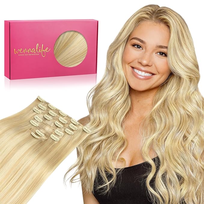 WENNALIFE Clip in Hair Extensions Real Human Hair, 24 Inch 140g 7pcs Remy Hair, Light Blonde Highlighted Golden Blonde Straight Natural Extensiones De Cabello Humano Con Clip Ins