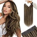YoungSee Invisible Wire Hair Extensions Real Human Hair Highlight Wire Human Hair Extensions Dark Brown with Blonde Fish Line Hair Extensions Blend Naturally 20inch 100g