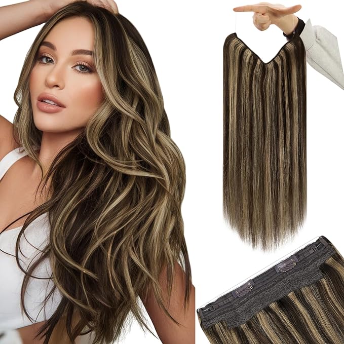 YoungSee Invisible Wire Hair Extensions Brown Highlights Human Hair Wire Extensions Dark Brown Highlight Caramel Blonde Headband Hair Extensions for Women 16inch 80g