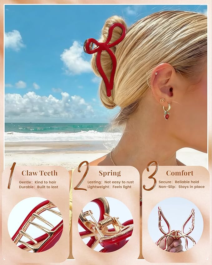 Mesovor 2 Pack Gold Metal Bow Hair Claw Clips, Nonslip 4.3" Large Hair Grip Hairclips for Thin and Thick | Acrylic Metal Strong Hold Claw Clip (Black, Red)