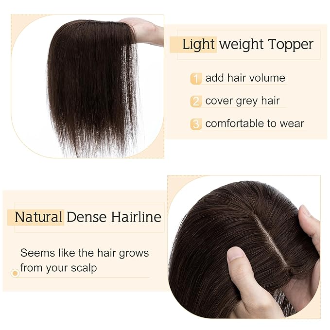 SEGO Human Hair Toppers for Women With Thinning Hair, 7 * 13CM Silk Base 100% Real Human Hair Clip in Top Wiglet Hairpieces -8 Inch No Bangs Dark Brown