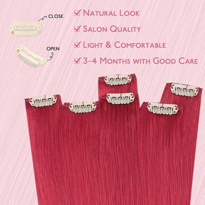 WENNALIFE Red Clip in Hair Extensions Real Human Hair 35g 6pcs 14 Inch Colored Hair Extensions for Kids Women Colorful Hair Pieces Pop-up Style Straight Extensiones De Cabello Humano Con Clip