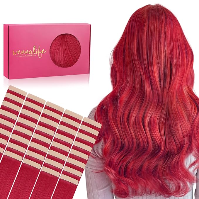 WENNALIFE Tape in Hair Extensions Human Hair, 40pcs 100g 24 inch Red Hair Extensions Real Human Hair Straight Tape in Extensions Invisible Extensions Reusable