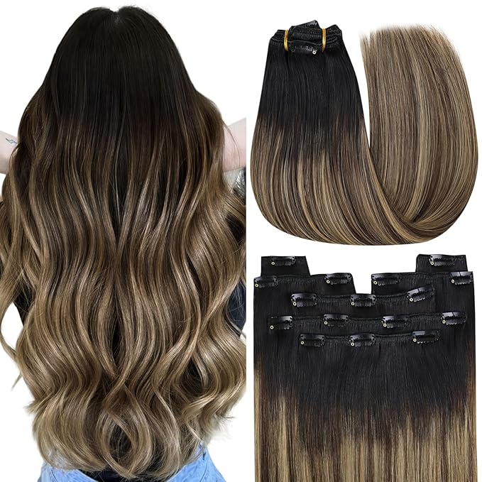 YoungSee 18 Inch Clip in Hair Extensions Black Ombre 120G Clip in Human Hair Extensions Balayage Natural Black Ombre Dark Brown Mix Caramel Brown Clip ins Extensions Ease of Use 18In 7Pcs