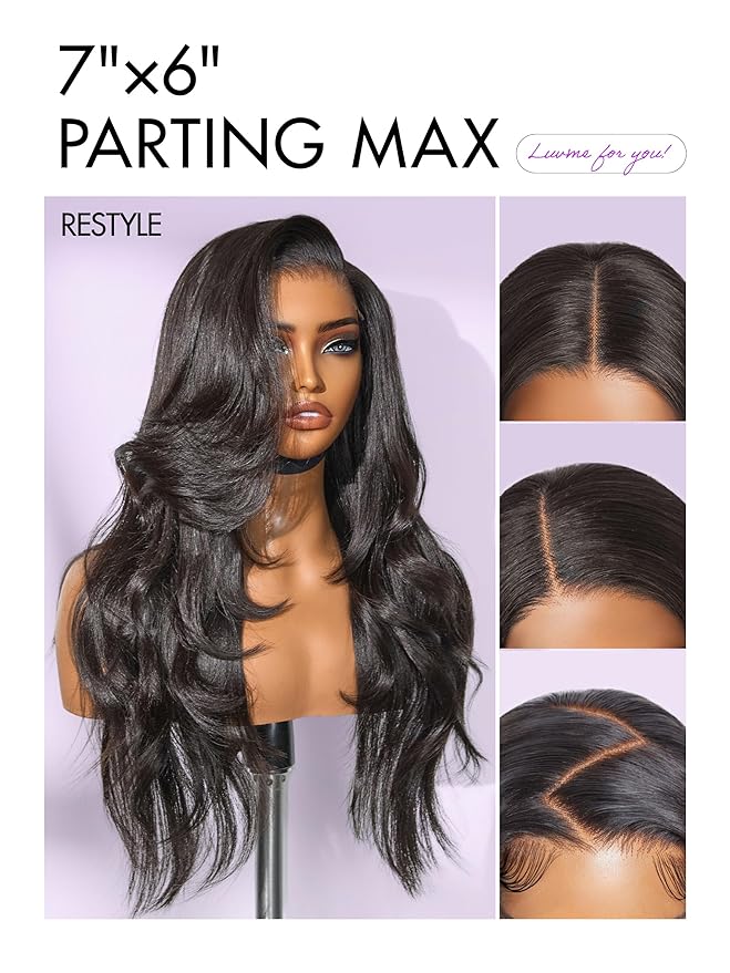 LUVME HAIR 7x6 All-Day Comfor Wig PartingMax Lace Wigs 200% Density Yaki Straight Lace Front Wigs Human Hair Pre Cut Plucked Lace Frontal Glueless 24 Inches Natural Black Color