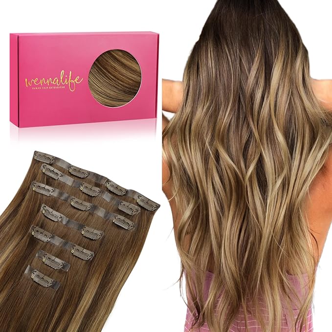 WENNALIFE Seamless Clip In Hair Extensions, 22 Inch 150g 7pcs Balayage Chocolate Brown to Caramel Blonde, Clip In Human Hair Invisible PU Skin Weft Natural Remy Human Hair Extensions