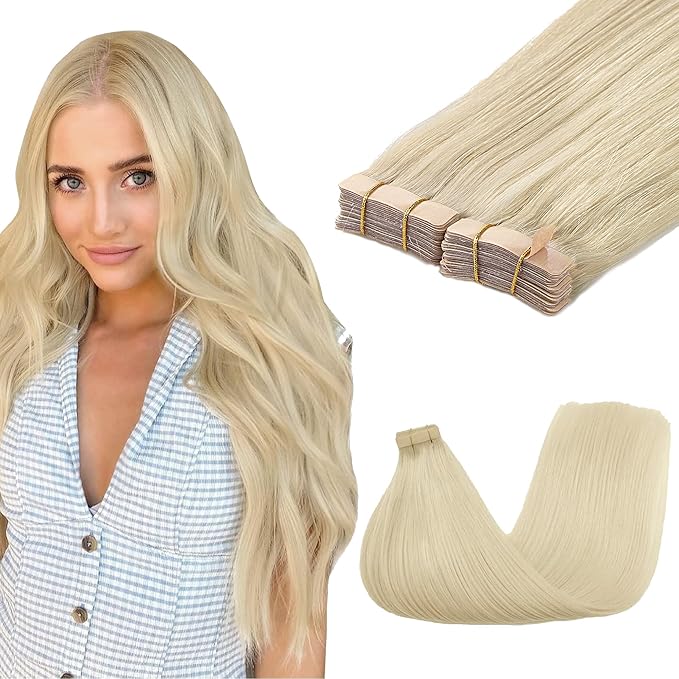 GOO GOO Tape in Hair Extensions Human Hair, 60A Platinum Blonde, 26inch 120g 40pcs, Skin Weft Seamless Invisible, Silky Straight with Thick Ends, Remy Human Hair