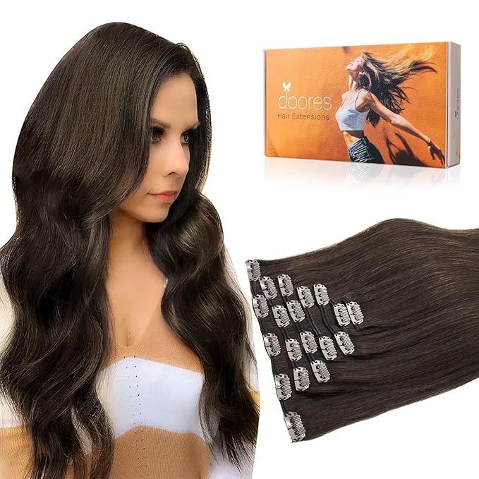 DOORES Human Hair Extensions Clip in Light Dark Brown 16 Inch 120g 7pcs Clip in Remy Hair Extensions Straight Thick Real Natural Hair Extensions