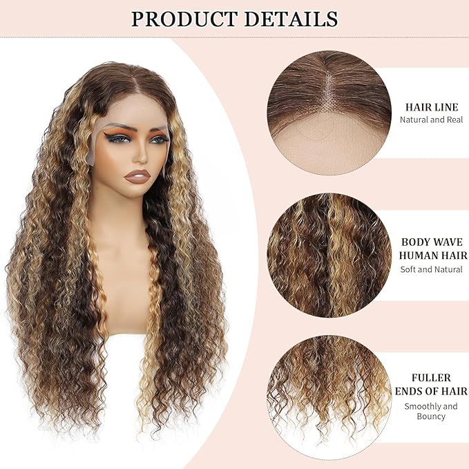 20 Inch Highlight Ombre Deep Wave Lace Front Wigs Human Hair Wig 13x6 Honey Blonde Wig Human Hair HD Glueless Deep Wave Wig 4/27 Colored Wet and Wavy Curly Wig Pre Plucked for Women
