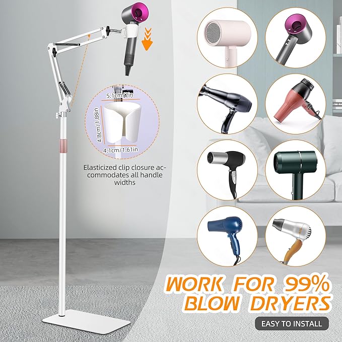 Hair Dryer Stand, 1.68M Height Adjustable, Hands Free Blow Dryer Holder with Heavy Base, 360 Degree Rotating, Work with 99% Dryers, Gift for Mom, Elder, Frozen Shoulder - White