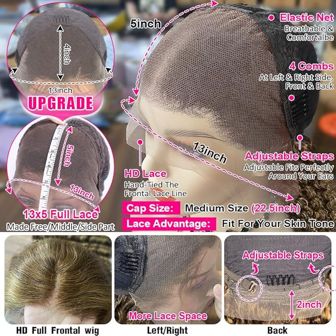 CYNOSURE 13x5 Highlight Ombre Deep Wave Curly Lace Front Wigs Human Hair 26Inch Honey Blonde Deep Curly Wig HD Transparent Lace Frontal Wigs Pre Plucked 180 Density Human Hair for Women