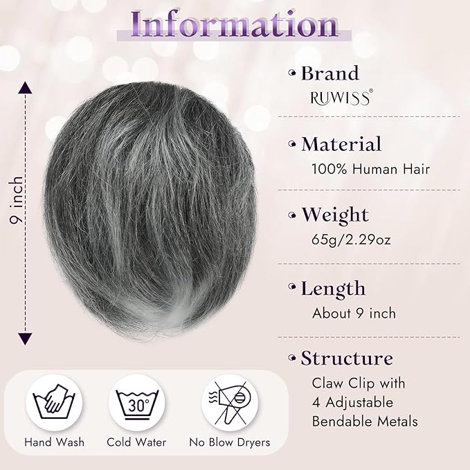 RUWISS Claw Clip Short Human Hair Ponytail Extension with Bendable Metals for DIY Styles Straight Messy Bun Hair Piece for Women Hairpieces for Daily Wear, 9 Inch Salt and Pepper